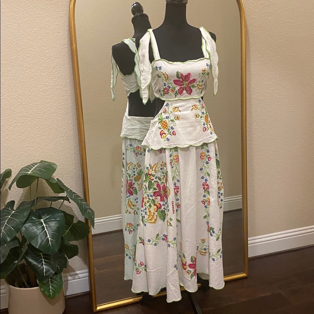 Farm Rio Tropical Romance Floral-embroidered Linen-blend Midi Dress Size XL - Picture 6 of 15